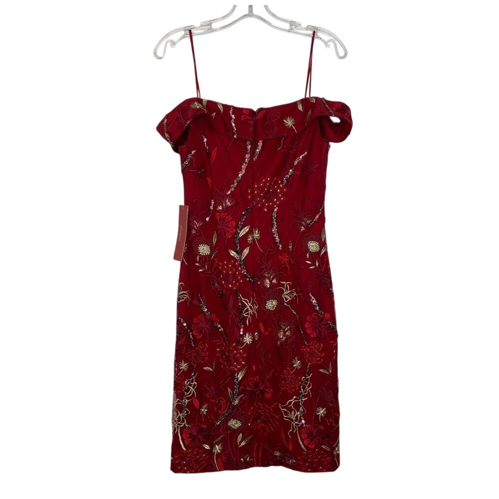 Carmen Marc Valvo red cocktail dress sequin embroidered off shoulder size 2